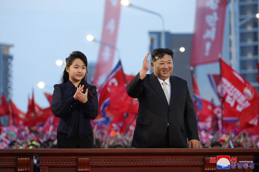 epa11341171 A photo released by the official North Korean Central News Agency (KCNA) shows North Korean leader Kim Jong Un (R) and his daughter Kim Ju-ae (L), attending the inauguration ceremony of Jo ...