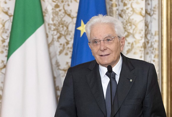 epa10000379 A handout picture made available by the Quirinal Presidential Palace (Palazzo del Quirinale) Press Office shows Italian President Sergio Mattarella (R) with Georgian President Salome Zoura ...