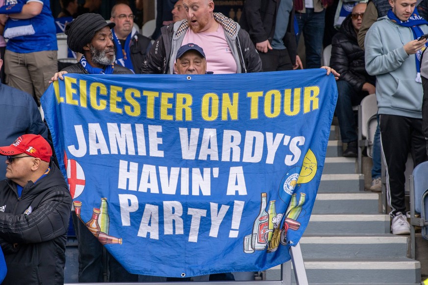 Queens Park Rangers v Leicester City EFL Sky Bet Championship 28/10/2023. Leicster City fans hold a banner about Jamie Vardy during the EFL Sky Bet Championship match between Queens Park Rangers and L ...