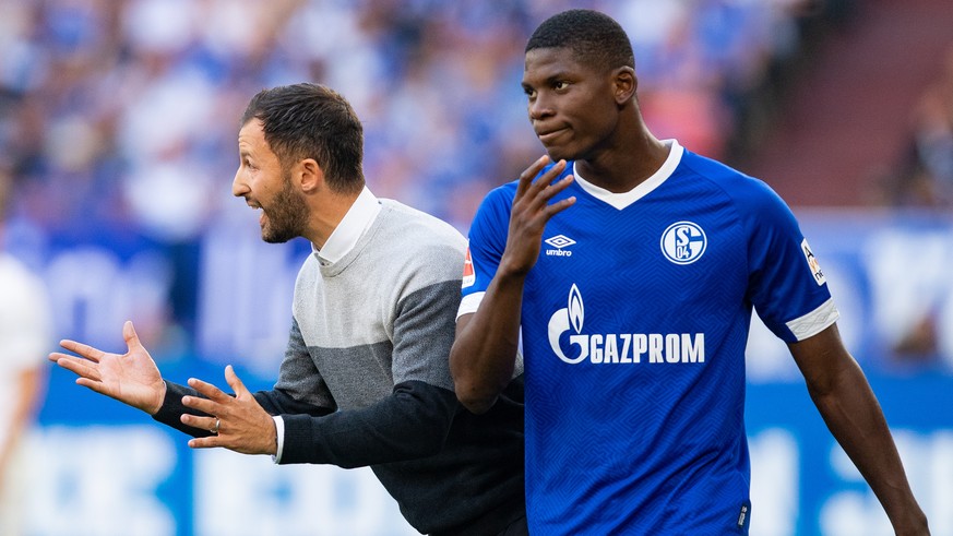 02.09.2018, Nordrhein-Westfalen, Gelsenkirchen, Fußball: Bundesliga, FC Schalke 04 - Hertha BSC, 2. Spieltag in der Veltins Arena. Schalkes Trainer Domenico Tedesco (M) gibt Anweisungen an Schalkes Da ...