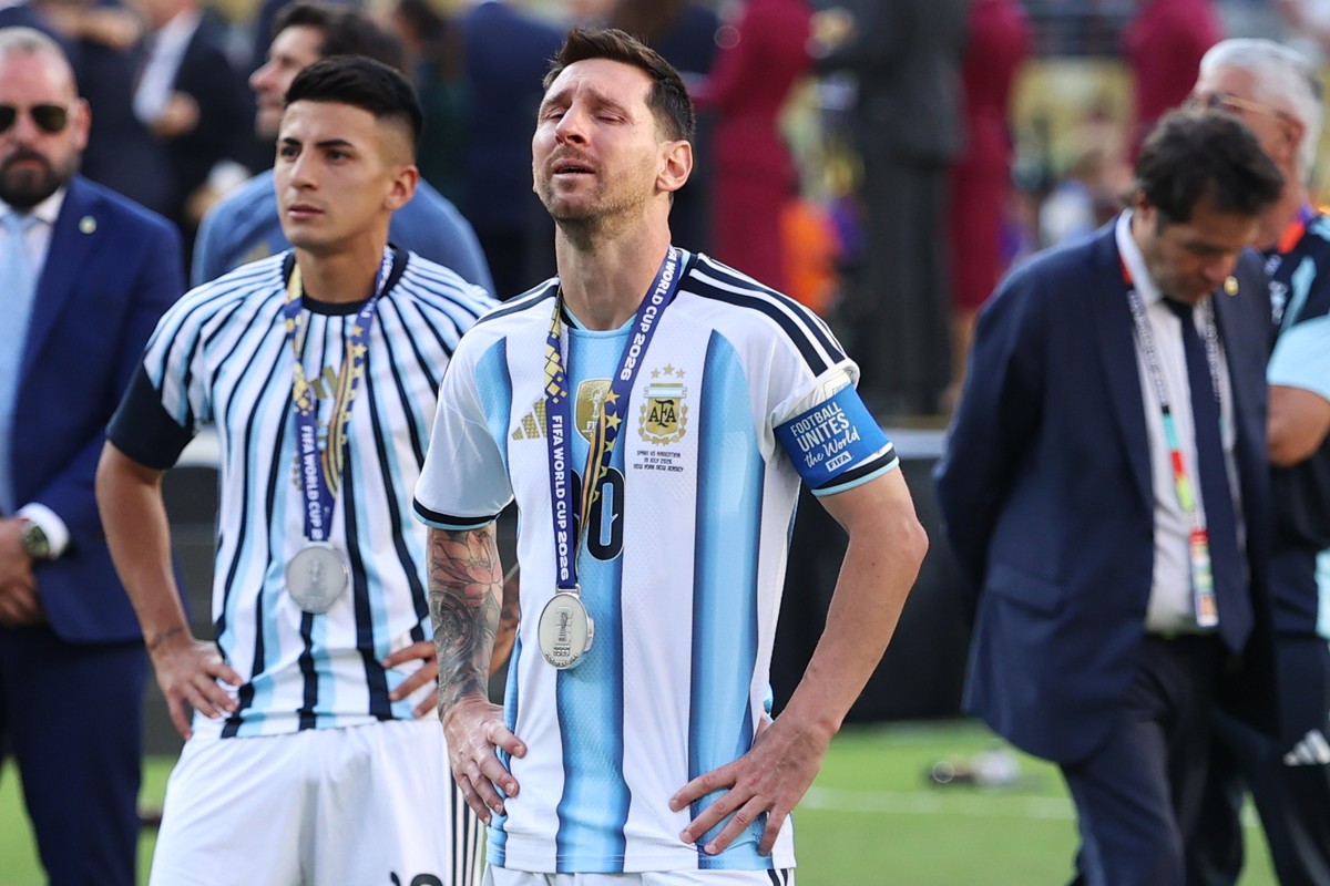 Argentina's Lionel Messi (10) reacts after losing to Spain in the World Cup final soccer match between Spain and Argentina in East Rutherford, N.J., near New York, Sunday, July 19, 2026. (AP Phot ...