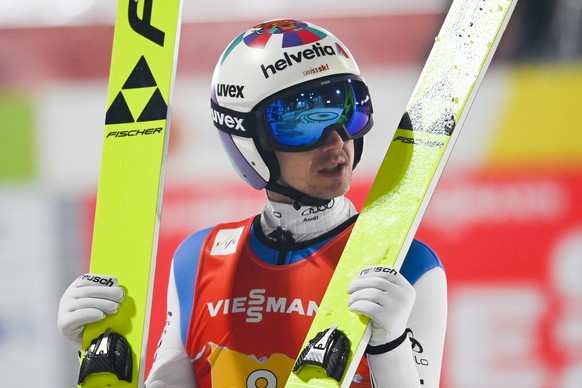 Simon Ammann of Switzerland during the mens skijumping team competition at the 2021 Nordic Skiing World Championships, in Oberstdorf, Germany, on Saturday, March 6, 2021. (KEYSTONE/Gian Ehrenzeller)