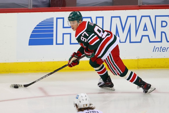 NEWARK, NJ - MARCH 20: New Jersey Devils left wing Nikita Gusev 97 skates during the second period of the National Hockey League game between the New Jersey Devils and the Pittsburgh Penguins on March ...