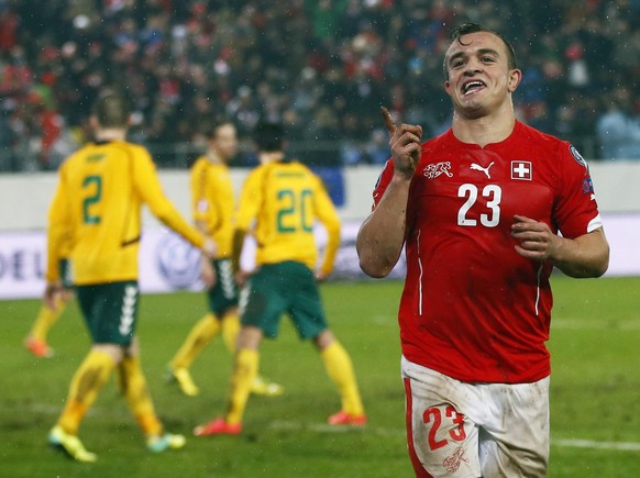 Switzerland&#039;s Xherdan Shaqiri celebrates after scoring a goal during their Euro 2016 Group E qualifying soccer match against Lithuania at AFG Arena in St. Gallen November 15, 2014. REUTERS/Arnd W ...