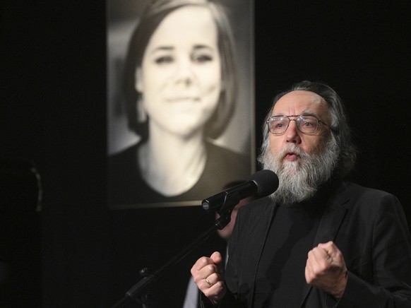 Philosopher Alexander Dugin speaks during the final farewell ceremony for his daughter Daria Dugina in Moscow, Russia, Tuesday, Aug. 23, 2022. Daria Dugina, a 29-year-old commentator with a nationalis ...