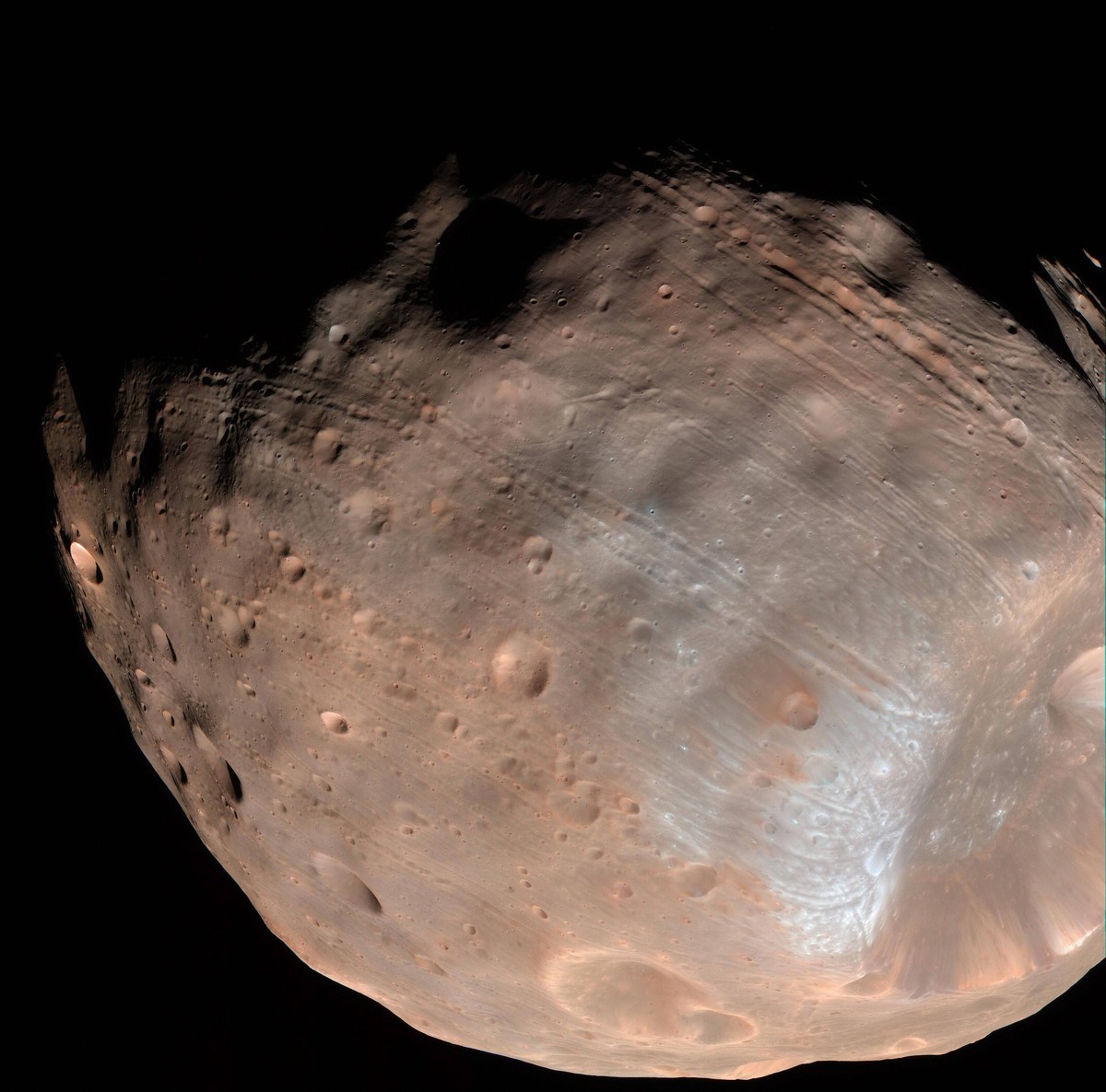 Nov. 19, 2015 - Space - View of grooves on the moon Phobos orbiting Mars which are believed caused by tidal forces and the gravitational pull of the planet. NASA researchers believe the grooves are an ...