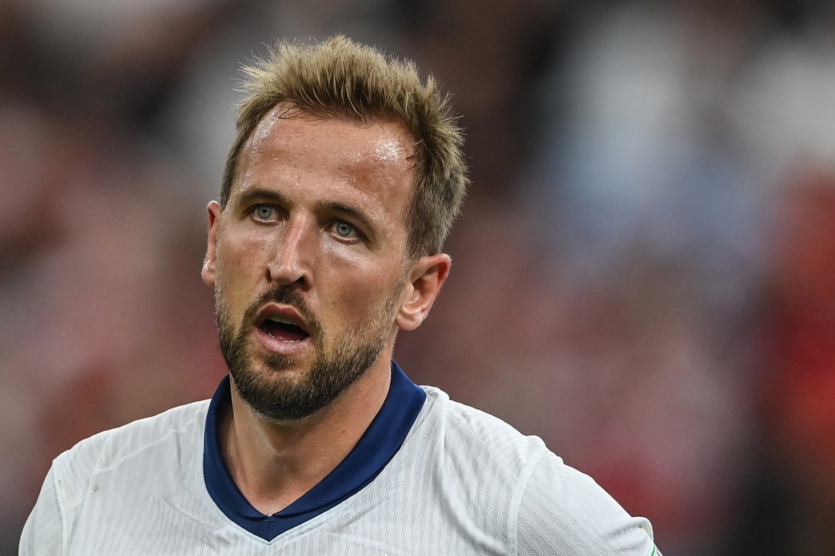 20.06.2024, Hessen, Frankfurt/M.: Fußball: EM, Dänemark - England, Vorrunde, Gruppe C, Spieltag 2, Frankfurt Arena, Englands Harry Kane reagiert. Foto: Swen Pförtner/dpa +++ dpa-Bildfunk +++ (KEYSTONE ...