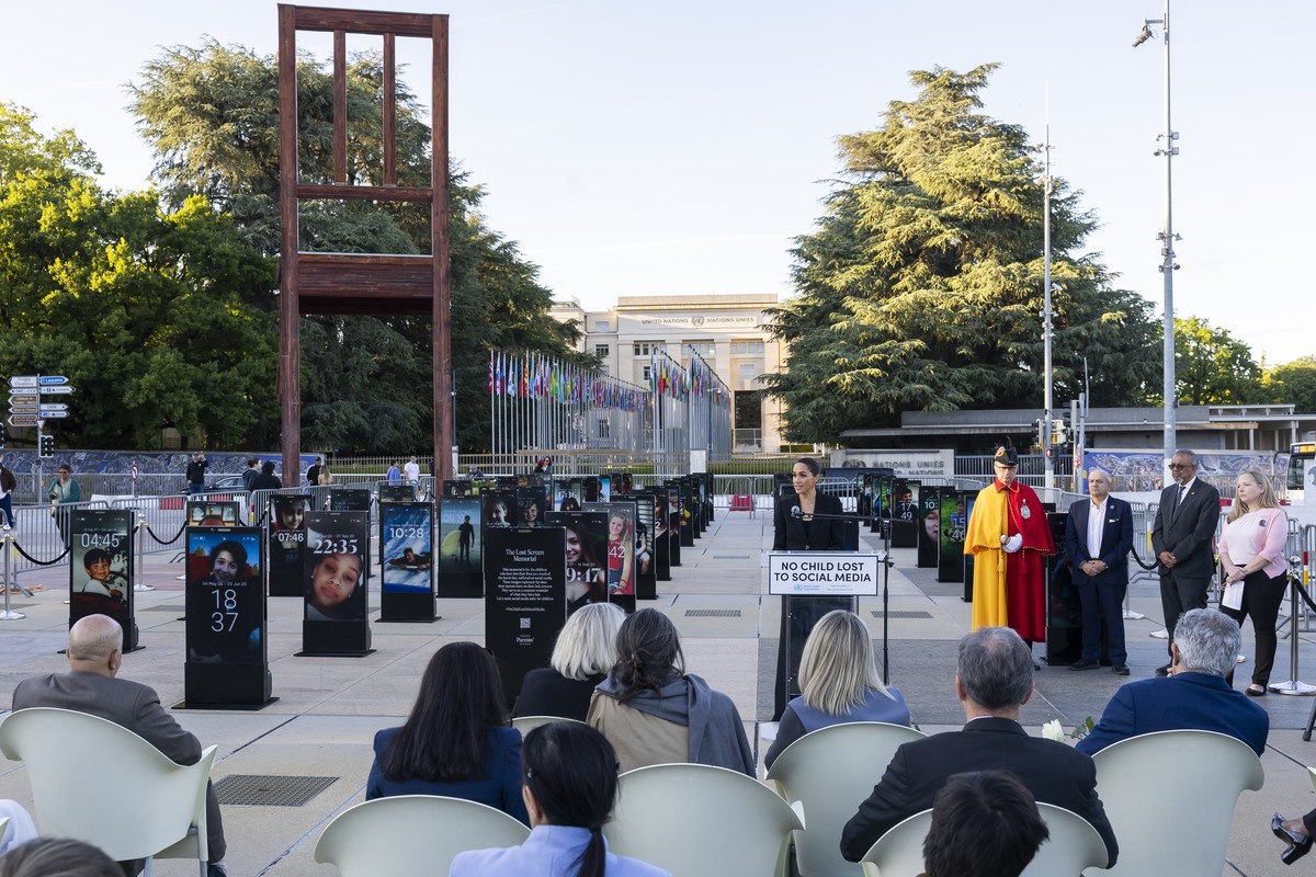 Meghan Markle, the Duchess of Sussex speaks during the inauguration of "The Lost Screen Memorial" exhibition for the unveiling of a temporary memorial to protect children from online abuse p ...