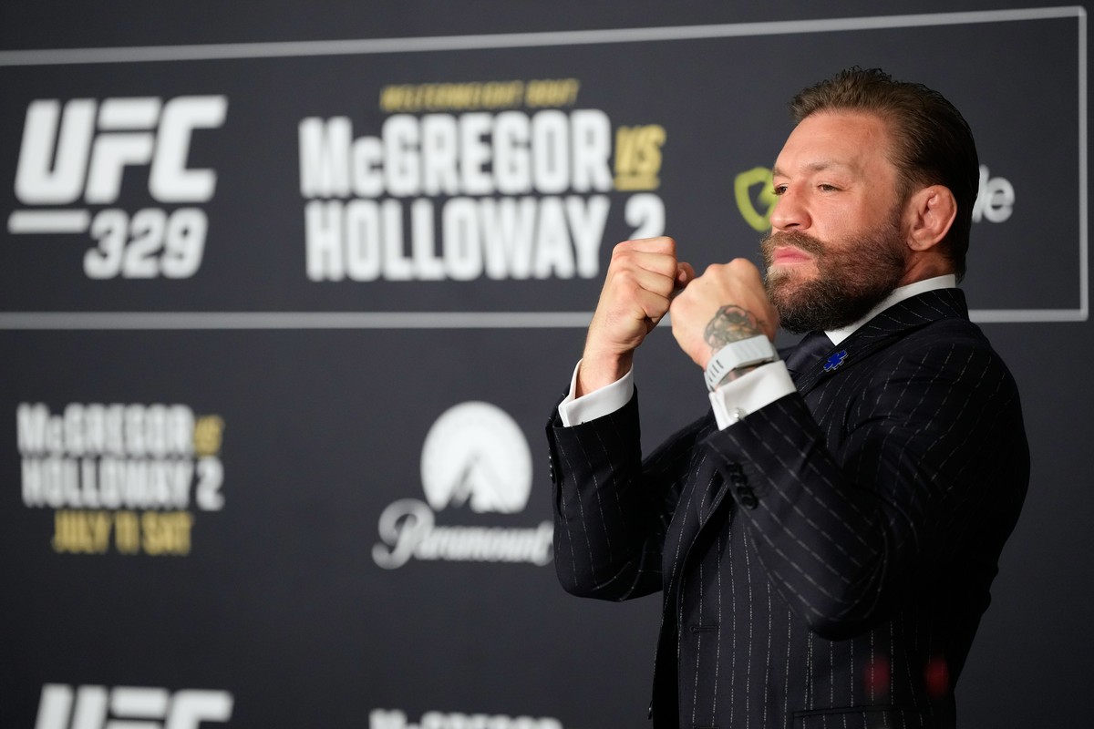 Conor McGregor poses during a news conference for the UFC 329 mixed martial arts event Wednesday, July 8, 2026, in Las Vegas. (AP Photo/John Locher)
UFC 329 Mixed Martial Arts