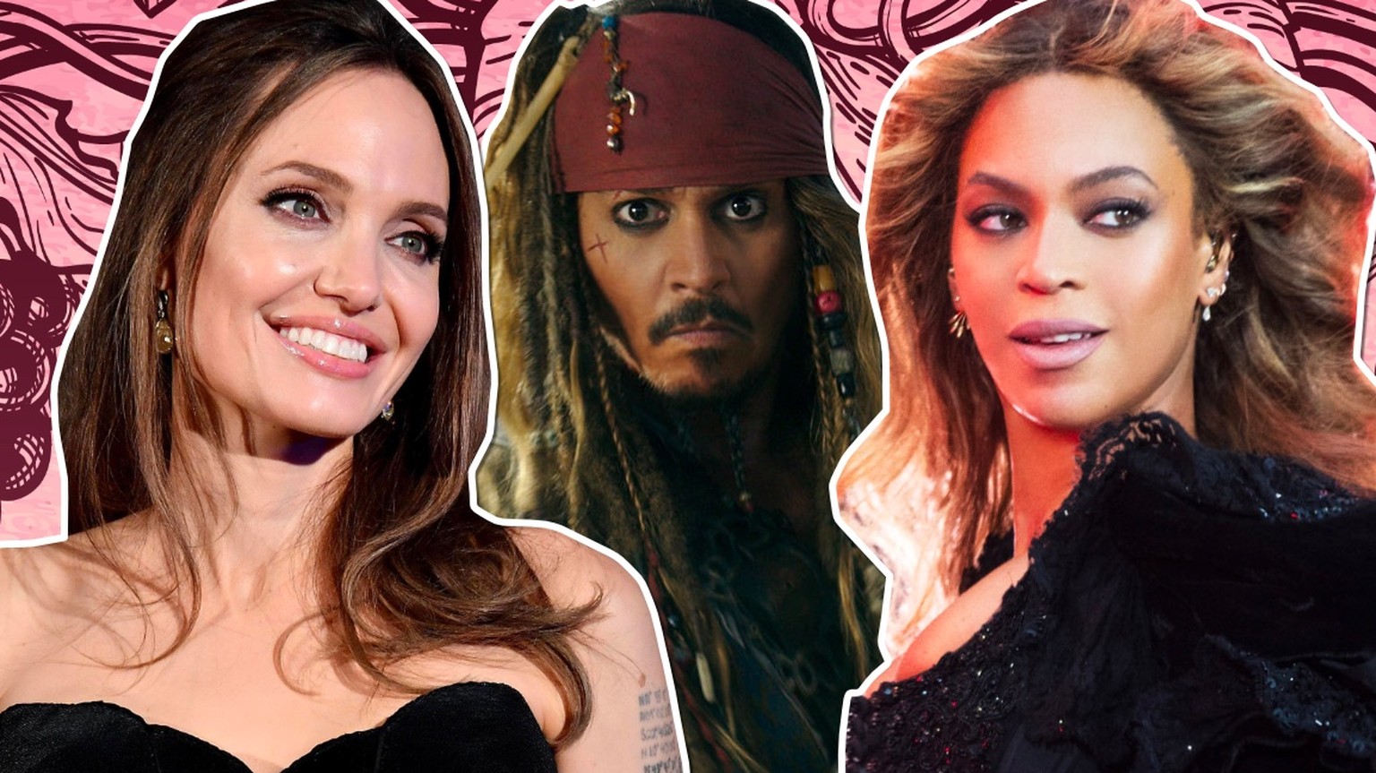 Angelina Jolie, Johnny Depp und Beyonce vor Weintrauben.
