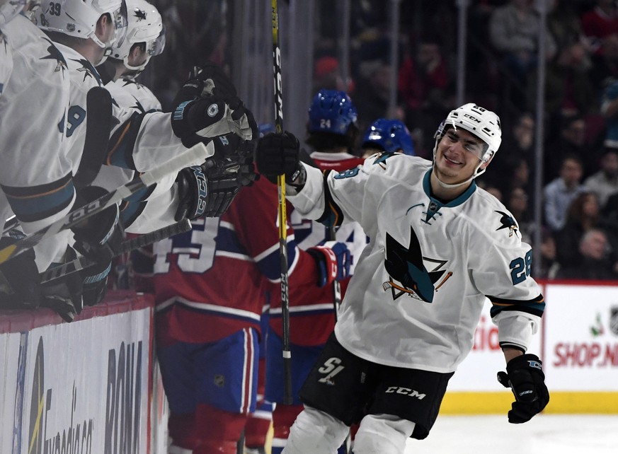 Dec 16, 2016; Montreal, Quebec, CAN; San Jose Sharks forward Timo Meier (28) reacts with teammates after scoring a goal against the Montreal Canadiens during the first period at the Bell Centre. Manda ...
