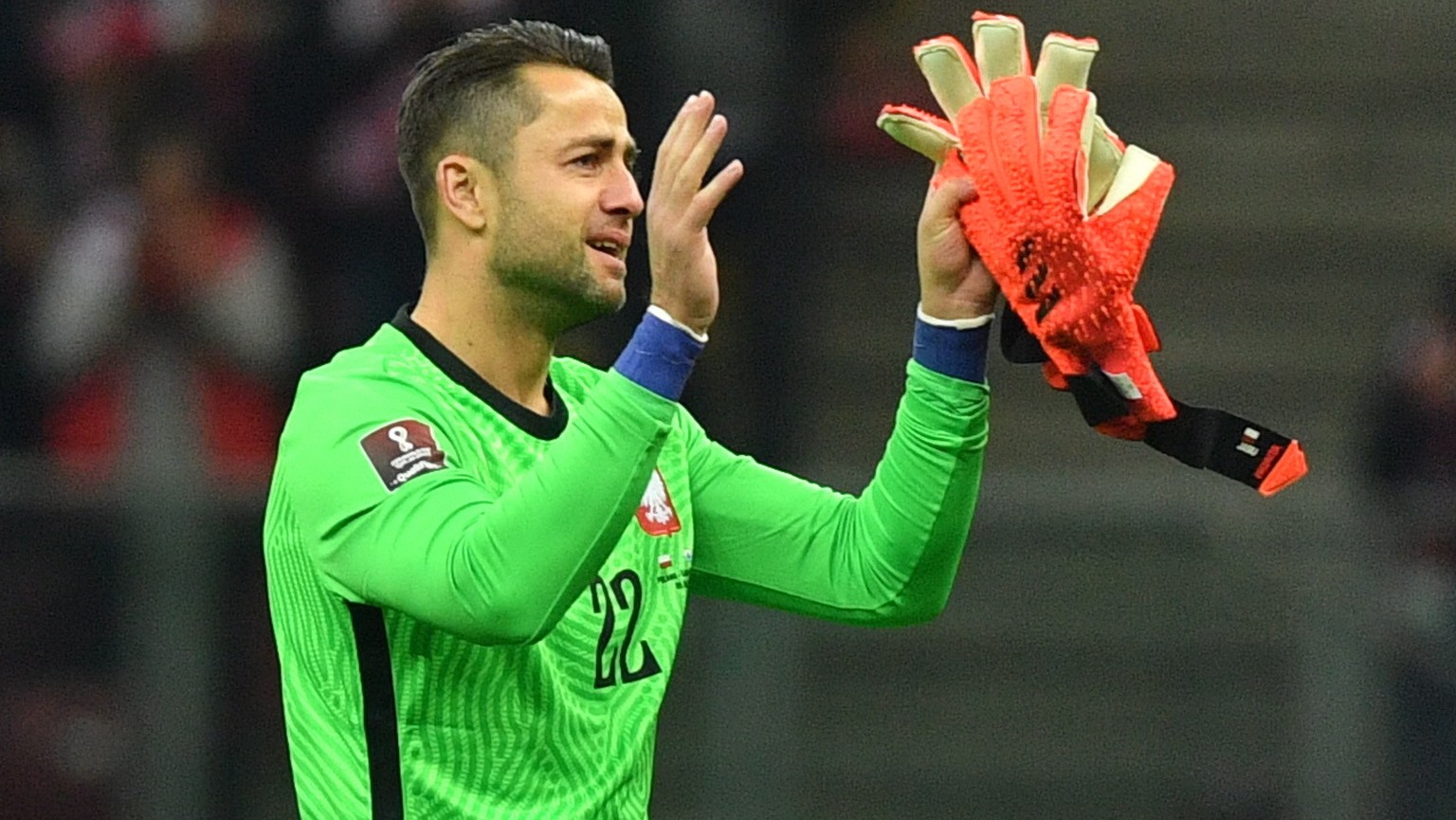 epa09515756 Poland&#039;s goalkeeper Lukasz Fabianski reacts after playing his last match with the Poland national team in the FIFA World Cup 2022 qualifying soccer match between Poland and San Marino ...