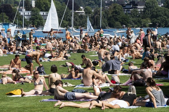 Menschen geniessen das Wetter am Zuerichsee, aufgenommen am Sonntag, 12. Juli 2020 in Zuerich. (KEYSTONE/Ennio Leanza)