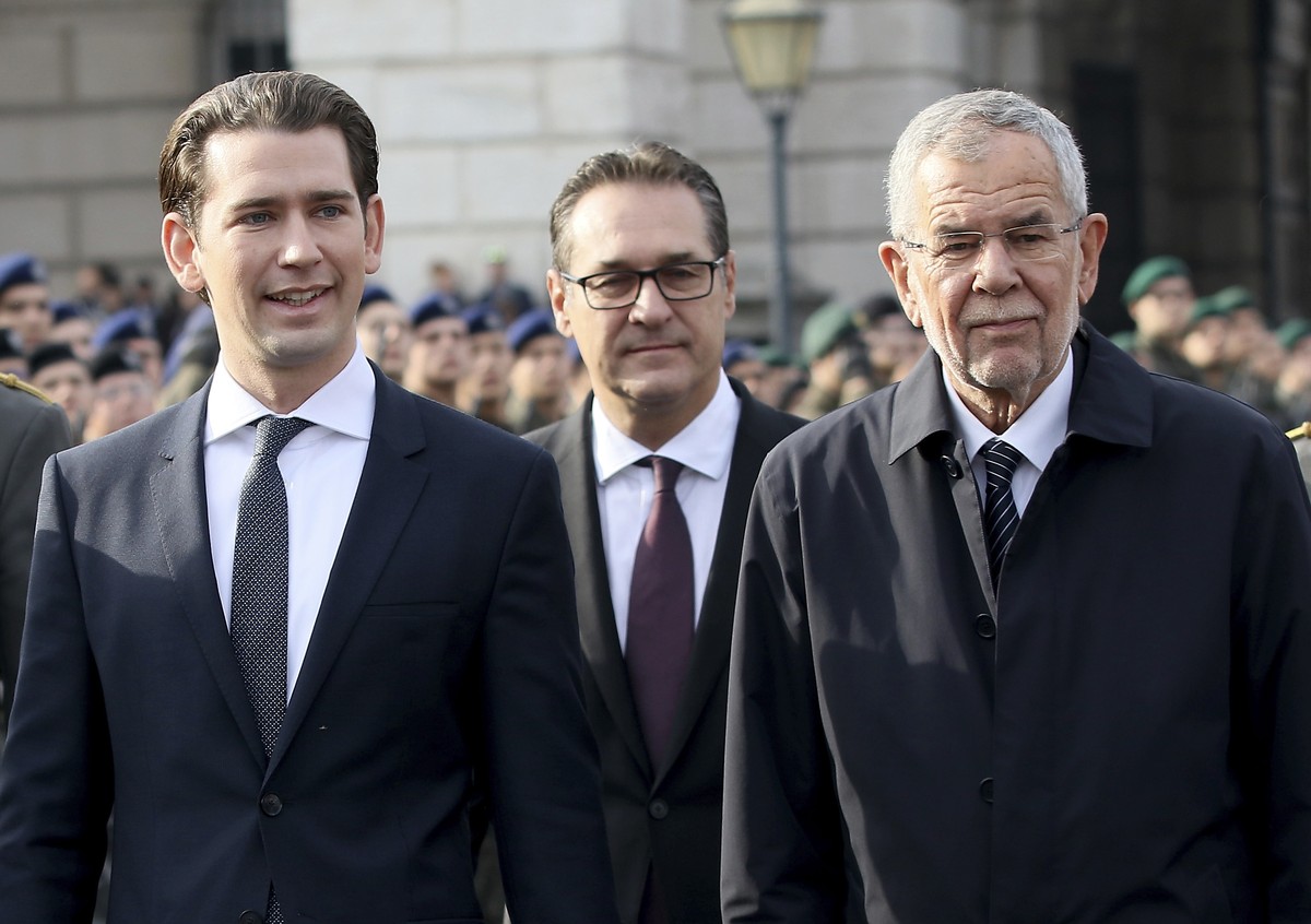 Austria's Chancellor Sebastian Kurz, Austrian Vice Chancellor Heinz-Christian Strache and Austrian President Alexander Van Der Bellen, from left, review recruits on the occasion of national holid ...