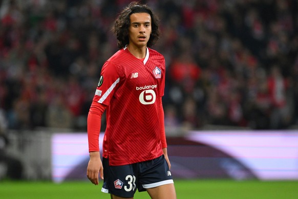 FILE - Lille's Ayyoub Bouaddi stands on the pitch during the Europa Conference League round of 16 second leg soccer match between Lille and Sturm Graz, in Villeneuve d'Ascq, northern France, ...