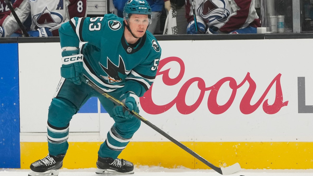 FILE - San Jose Sharks left wing Jeff Skinner controls the puck during an NHL hockey game against the Colorado Avalanche in San Jose, Calif., Saturday, Nov. 1, 2025. (AP Photo/Jeff Chiu, File)
Jeff Sk ...