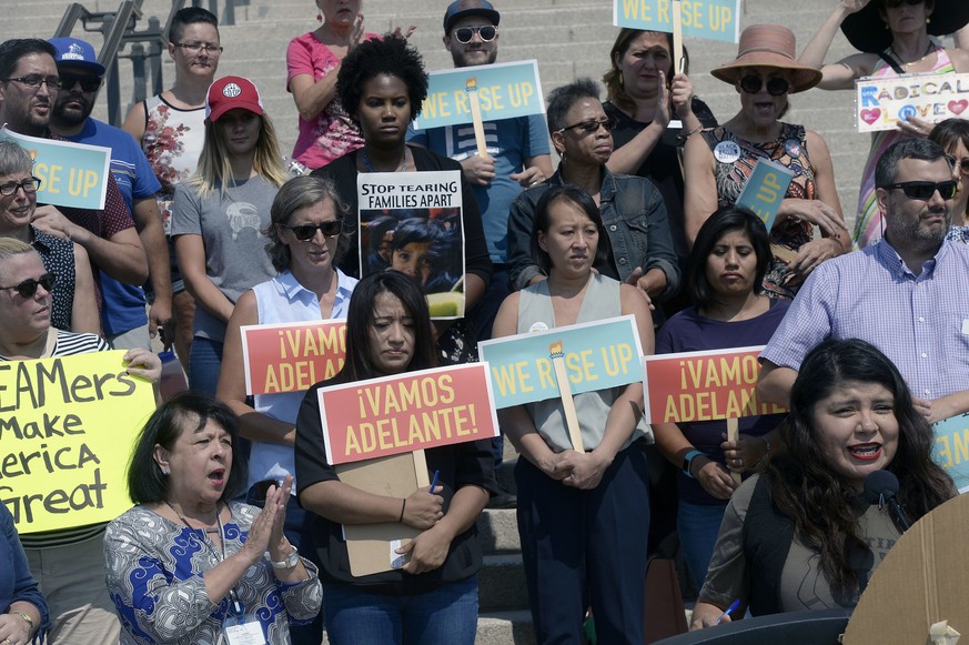 &quot;Dreamer&quot; Mayra Cedano speaks to a diverse group that gathered on the steps of the Utah state capitol in Salt Lake City, Tuesday, Sept. 5, 2017. Comunidades Unidas (Communities United), that ...