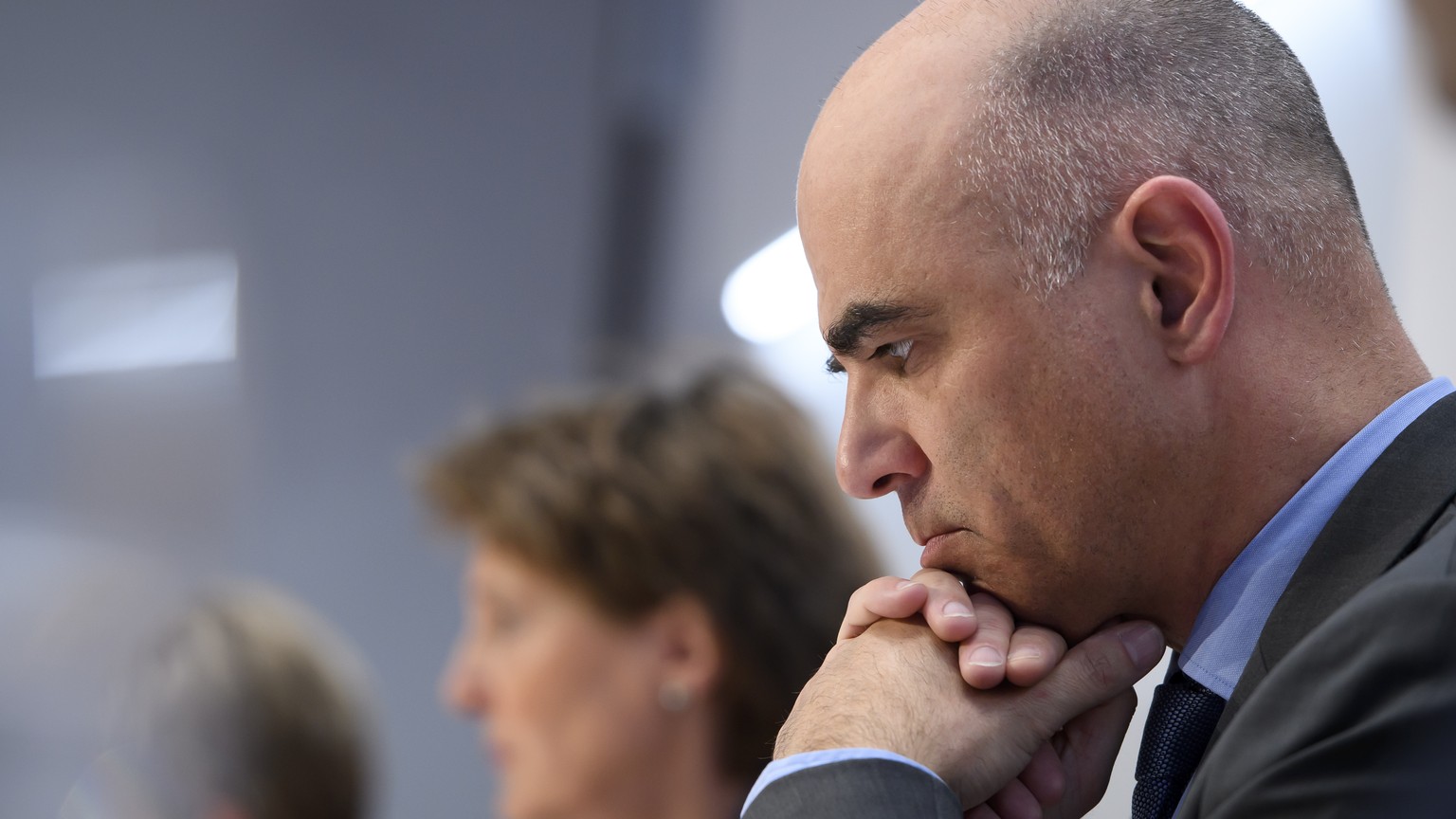 Swiss Federal councillor Alain Berset, right, next to Swiss Federal president Simonetta Sommaruga, left, brief the media about the latest measures to fight the Covid-19 Coronavirus pandemic, in Bern,  ...