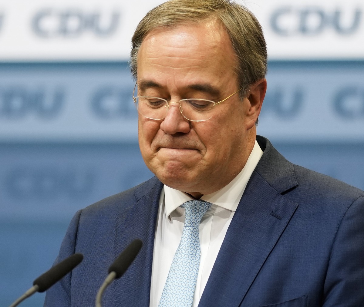Christian Democratic Union party chairman Armin Laschet speaks to media at the party's headquarters in Berlin, Thursday, Oct. 7, 2021. (AP Photo/Markus Schreiber)