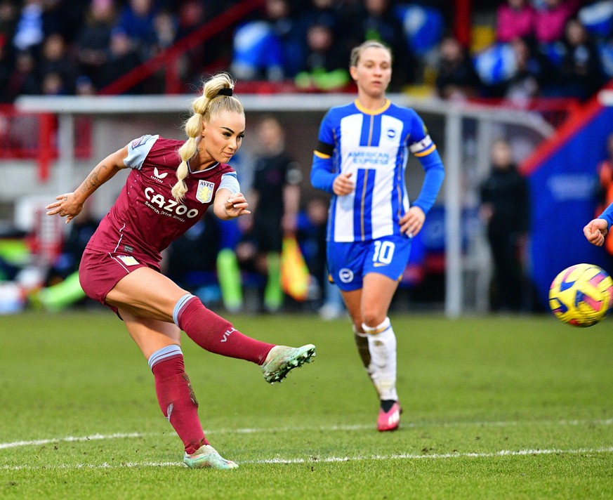 Alisha Lehmann of Aston Villa has a strike on goal during the FA Women s Super League match between Brighton &amp; Hove Albion Women and Aston Villa at The People s Pension Stadium on February 12th 20 ...