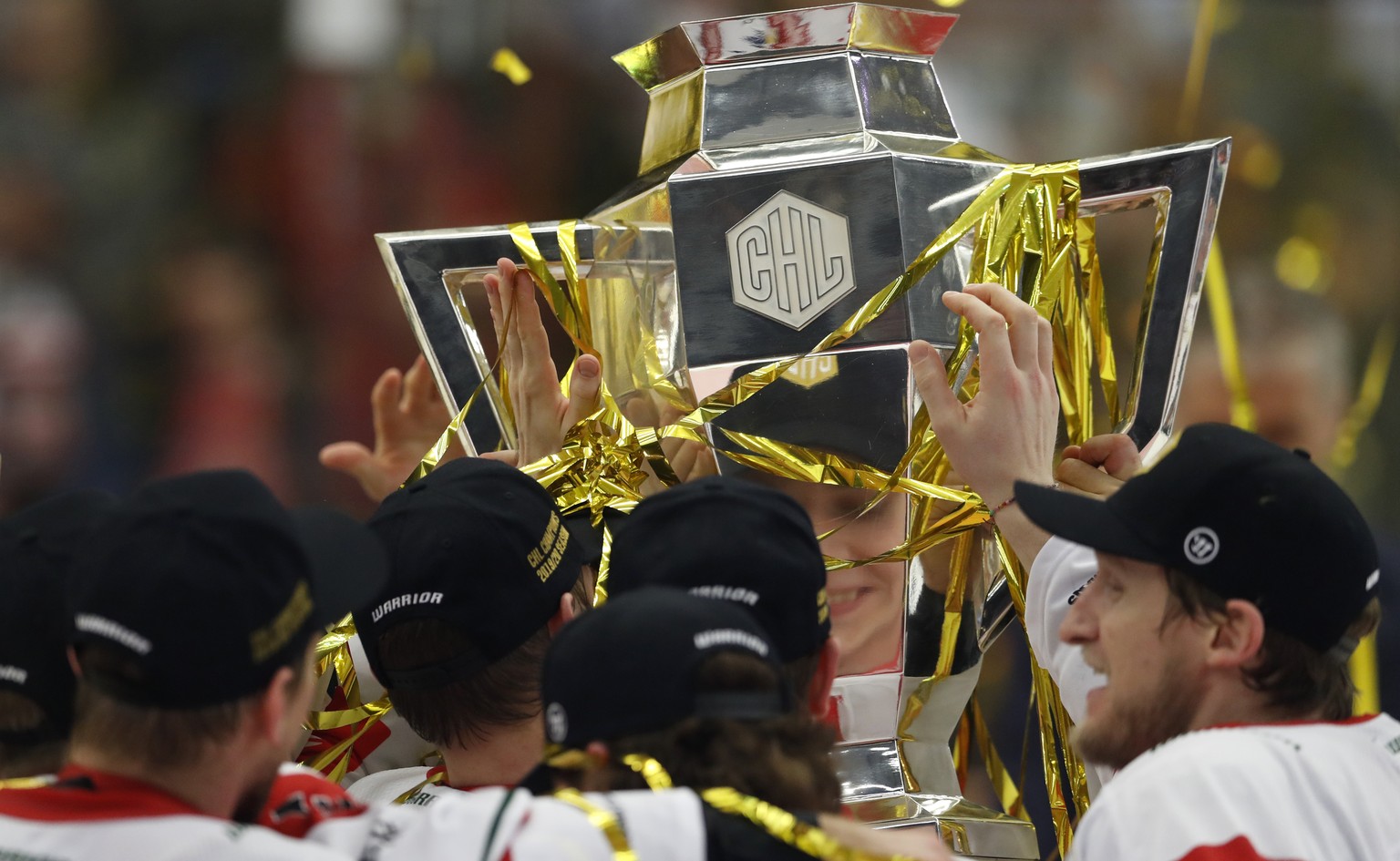 Froelunda&#039;s players celebrate after winning the Champions Hockey League final match between Hradec Kralove and Froelunda Indians in Hradec Kralove, Czech Republic, Tuesday, Feb. 4, 2020. (AP Phot ...