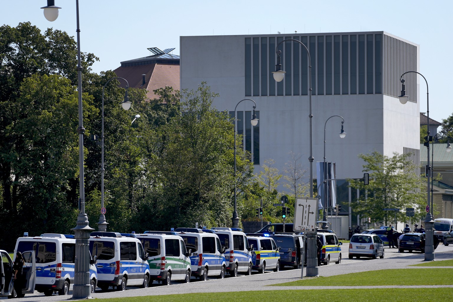 Police cars parked on a street next to the museum on the city&#039;s Nazi-era history after police fired shots at a suspicious person near the Israeli Consulate and the museum in Munich, Germany, Thur ...