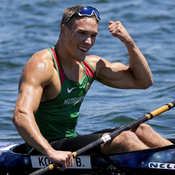 Balint Kopasz of Hungary reacts after finishing first in the men&#039;s kayak single 1000m finalat the 2020 Summer Olympics, Tuesday, Aug. 3, 2021, in Tokyo, Japan. (AP Photo/Lee Jin-man)