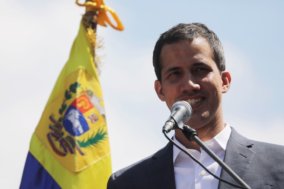 epa07339319 President of the Venezuelan National Assembly Juan Guaido delivers a speech during a protest march against Nicolas Maduro&#039;s Government, in Caracas, Venezuela, 02 February 2019. Maduro ...