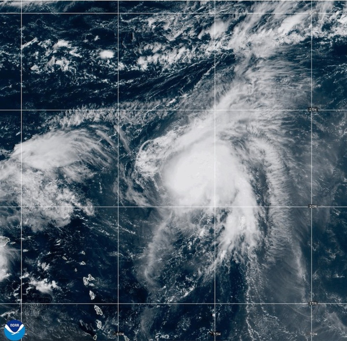 This NOAA satellite image taken at 11:36 a.m. EST on Thursday, Sept. 25, 2025, shows Tropical Storm Humberto in the North Atlantic Ocean. (NOAA via AP)
Extreme Weather Tropical Storm Humberto