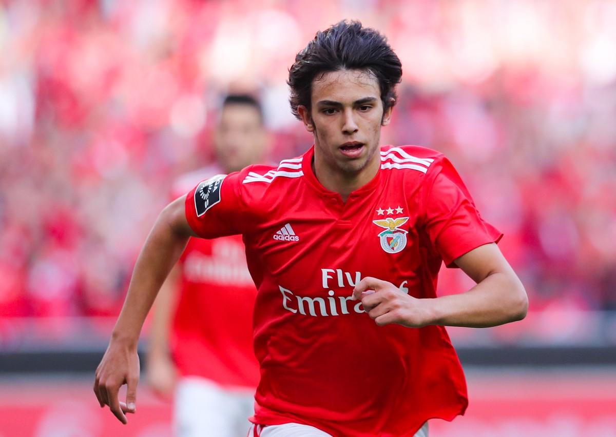 epa07582104 Benfica's Joao Felix celebrates after scoring a goal against Santa Clara during their Portuguese First League soccer match between Benfica and Santa Clara held at Luz Stadium in Lisbo ...
