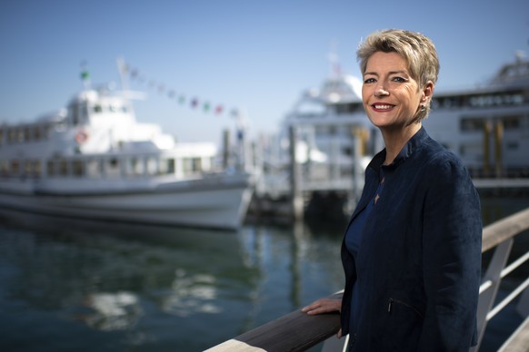 Bundesraetin Karin Keller-Sutter (FDP) posiert fuer ein Portraet vor einer Medienorientierung nach den ersten drei Monaten im Amt, am Freitag, 29. Maerz 2019, auf der „MS Saentis“, in Romanshorn. (KEY ...