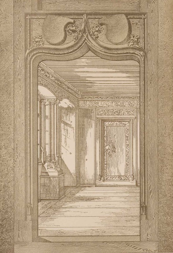 Ideal representation of the small abbess salon in the Zurich application, drawn and signed by Hermann Fietz.
