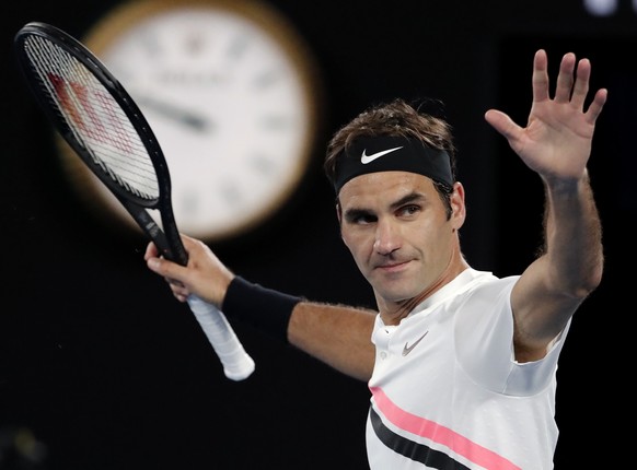 FILE - In this Jan. 24, 2018, file photo, Switzerland&#039;s Roger Federer celebrates after defeating Tomas Berdych of the Czech Republic in their quarterfinal match at the Australian Open tennis cham ...
