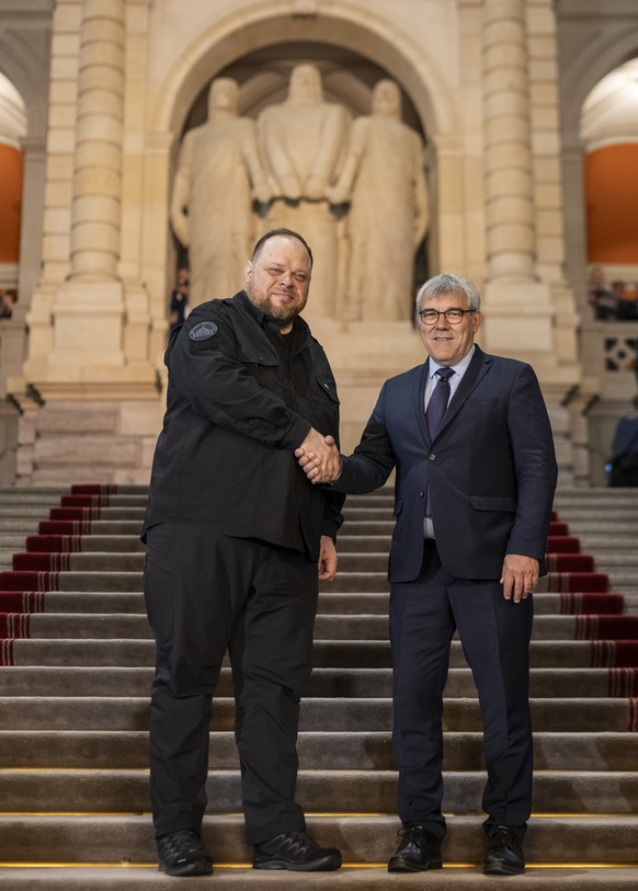Ruslan Stefanchuk of Ukraine, Speaker of the Verkhovna Rada, the Parliament of Ukraine, left, is welcomed by Eric Nussbaumer, SP-BL, head of the Swiss National Council, during his visit of the Swiss P ...