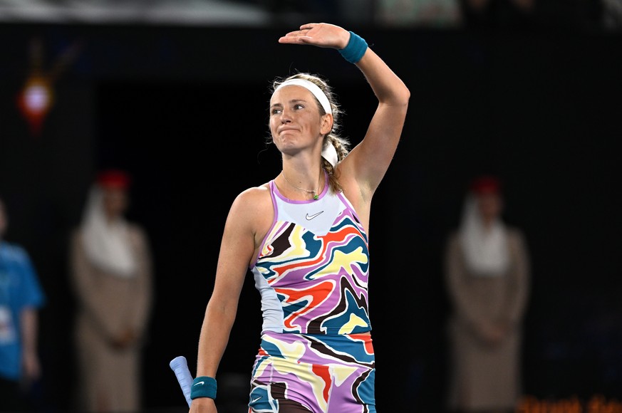 epa10426206 Victoria Azarenka of Belarus celebrates after winning her quarter final match against Jessica Pegula of the USA at the Australian Open tennis tournament in Melbourne, Australia 24 January  ...