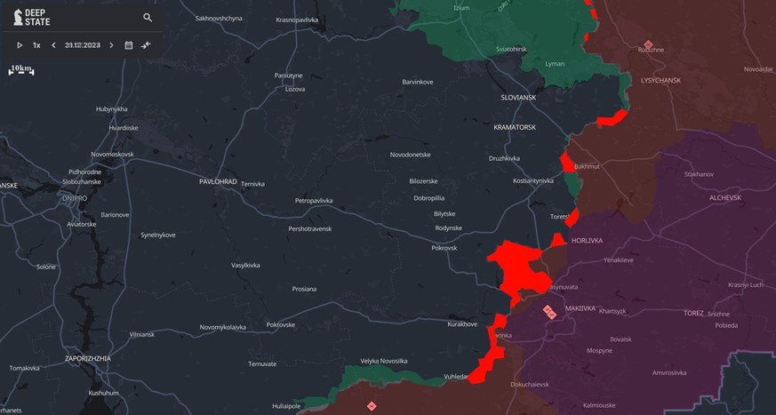 Rot: Russische Gebietsgewinne in der Ukraine seit 1. Januar 2024.