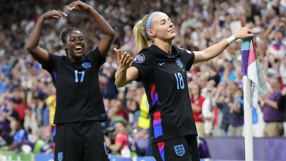 England v Italy - UEFA Women s EURO 2025 Semi-Final Chloe Kelly forward of England and Arsenal FC celebrates with Michelle Agyemang after scoring her sides first goal during the UEFA Womens EURO 2025  ...