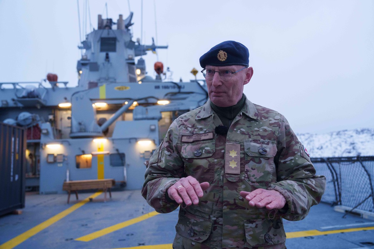 Major General Søren Andersen, Danish commander of the Joint Arctic Command speaks during an interview onboard a military vessel HDMS Knud Rasmussen of the Royal Danish Navy docked in Nuuk, Greenland,  ...