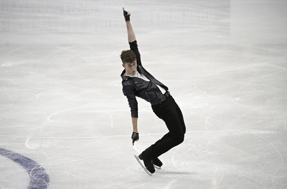 Lukas Britschgi of Switzerland performs during the men's short program at the ISU European Figure Skating Championships in Espoo, Finland, Wednesday Jan. 25, 2023. (Antti Aimo-Koivisto/Lehtikuva via A ...