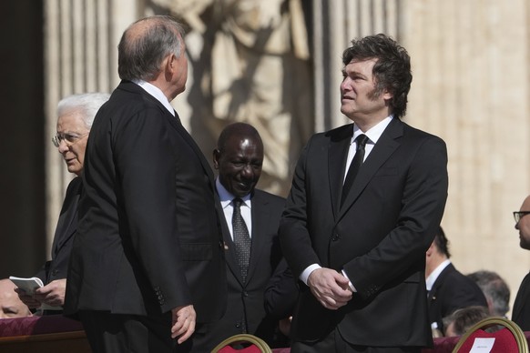 Argentina's President Javier Milei, right, arrives for the funeral of Pope Francis in St. Peter's Square at the Vatican, Saturday, April 26, 2025. (AP Photo/Alessandra Tarantino)
Vatican Pop ...