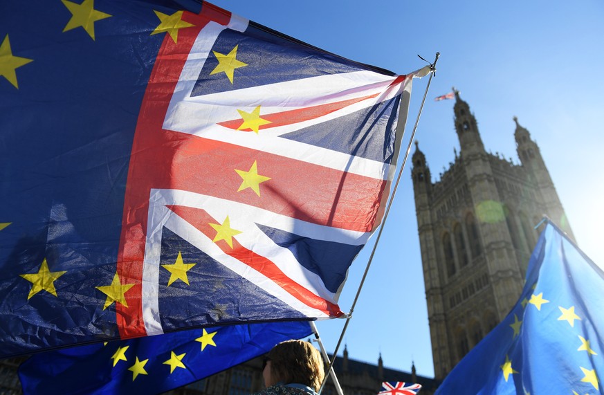 epa07080661 Anti Brexit protesters demonstrate outside The British Houses of Parliament in central London, Britain, 09 October 2018. Claims that Britain could run short of medicines, food and fuel if  ...