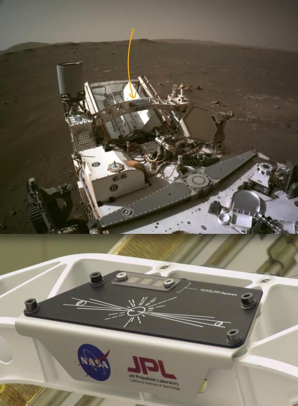 Das sind die wichtigsten Instrumente des Mars-Rovers Perseverance\nDas allerwichtigste haben sie vergessen!
Auf dieser schwarzen Platte befinden sich drei Mikrochips und darauf steht mein Name.