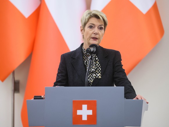 epa12522619 Swiss Federal President Karin Keller-Sutter speaks during a press conference with Polish President Karol Nawrocki (not pictured) after their meeting at the Presidential Palace in Warsaw, P ...