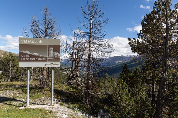 Infotafel in Gebirgslandschaft am Ofenpass oberhalb Tschierv im Muenstertal, am Montag, 9. September 2013. (KEYSTONE/Arno Balzarini)