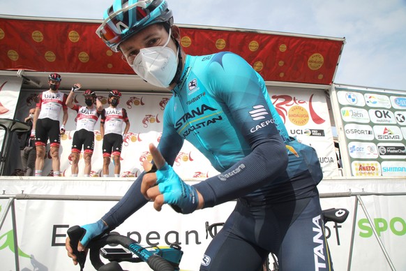 epa09771654 Colombian cyclist Miguel Angel Lopez of Astana team gestures ahead of stage four of the 68th Vuelta a Andalucia cycling race, over 167.4km from Cullar Vega and Baza, southern Spain, 19 Feb ...