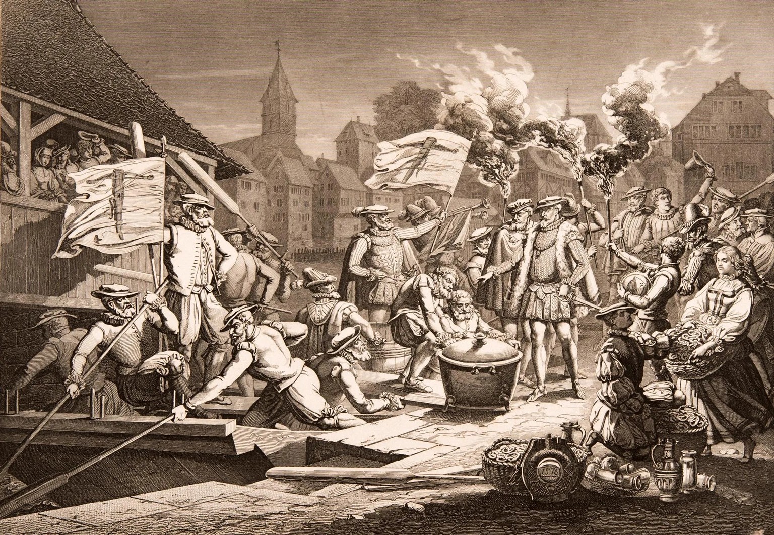 Die Zürcher schiffen sich am 20. Juni 1576 nach Strassburg ein. Radierung von Johann Konrad Werdmüller, um 1850.
https://permalink.nationalmuseum.ch/100277943