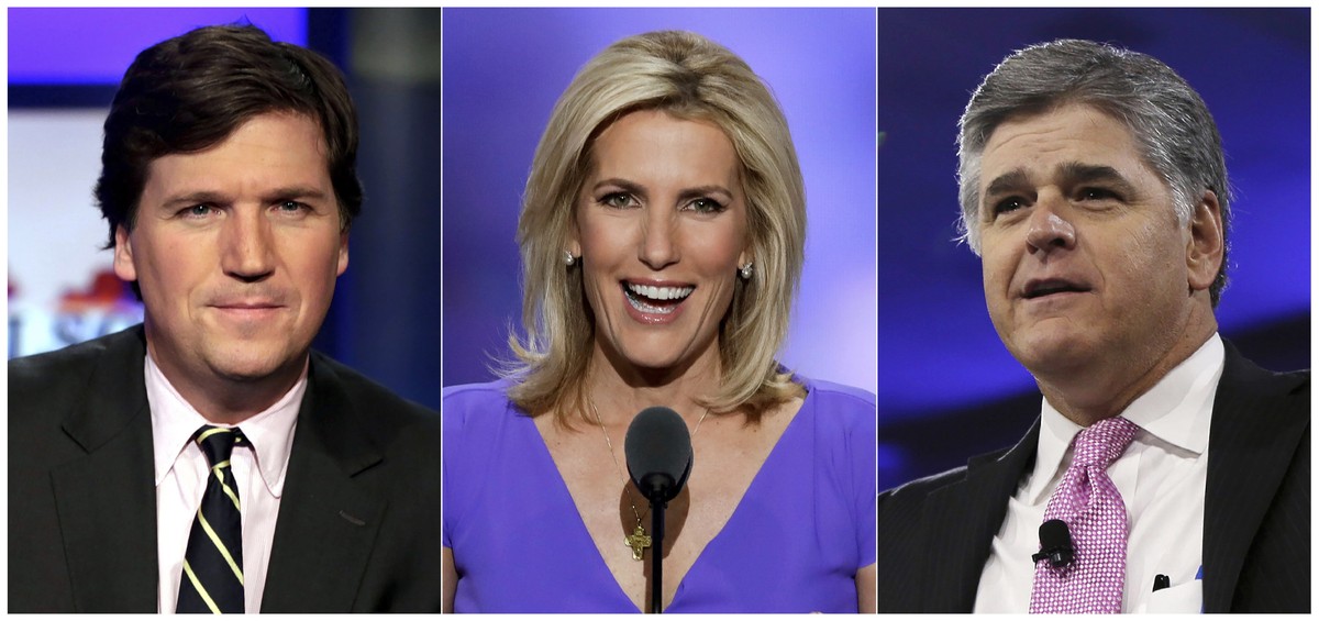 This combination photo shows, from left, Tucker Carlson, host of "Tucker Carlson Tonight," Laura Ingraham, host of "The Ingraham Angle," and Sean Hannity, host of "Hannity&quo ...