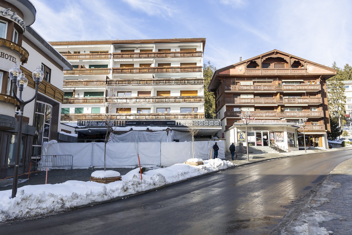 The entrance of the 'Le Constellation' bar and lounge is pictured after the fire at the "Le Constellation" bar and lounge, in Crans-Montana, Switzerland, Wednesday, January 14, 202 ...