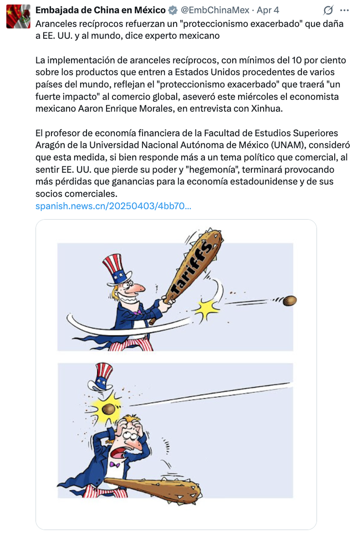 Die chinesische Botschaft in Mexiko teilte diese Karikatur als Reaktion auf die von Trump angekündigten Zölle.