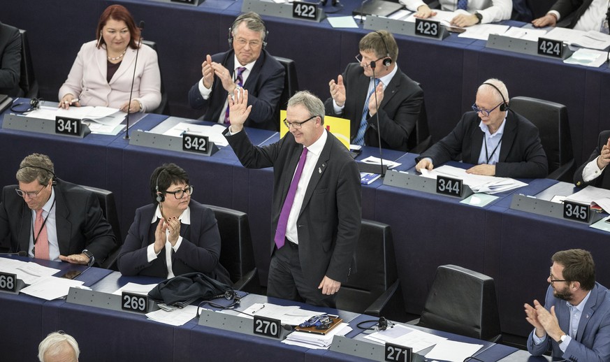 Axel Voss, Member of the European Parliament and rapporteur of the copyright bill, stands at the European Parliament in Strasbourg, France, Tuesday March 26, 2019. The European Parliament is furiously ...